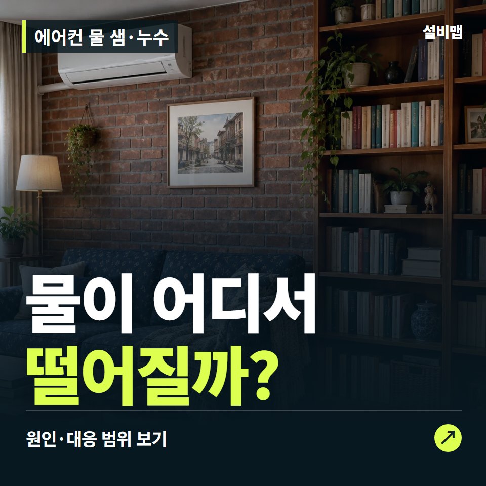 에어컨 물 샘·누수, 물 떨어지는 위치가 수리 단서입니다 — 증상과 비용 안내 이미지