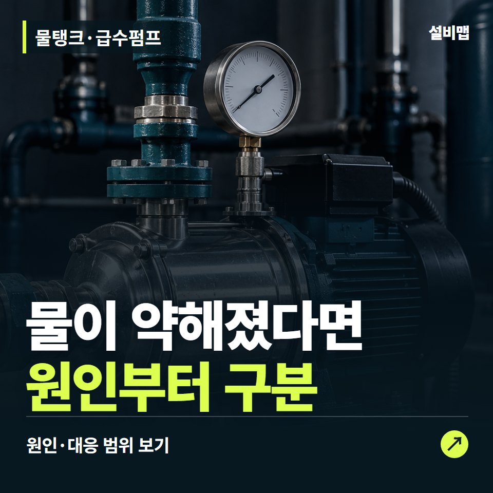 물탱크·급수펌프, 수압이 약하다면 교체 전에 볼 원인 — 증상과 비용 안내 이미지