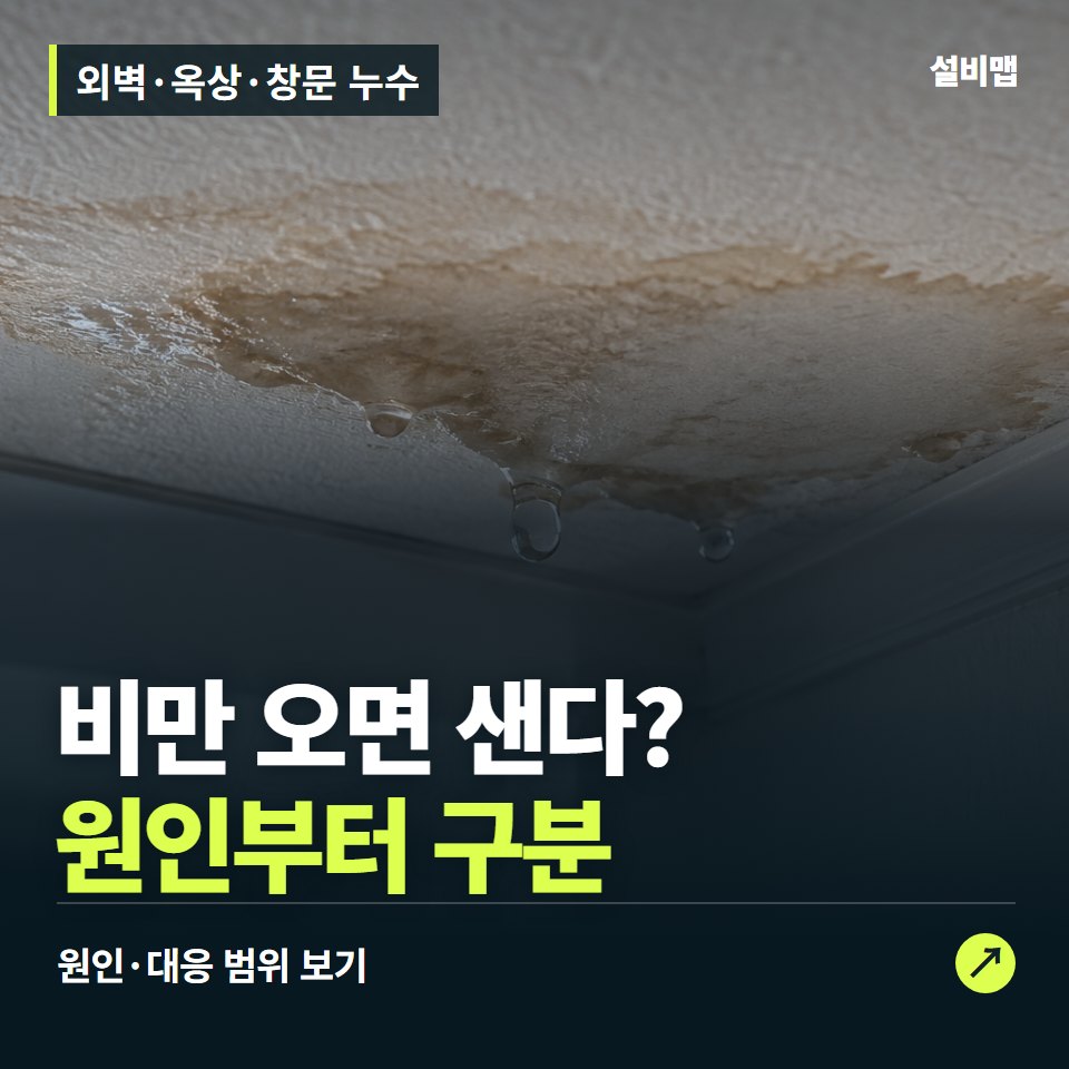 외벽·옥상·창문 누수, 비 올 때 샌다면 유입 위치가 핵심 — 증상과 비용 안내 이미지