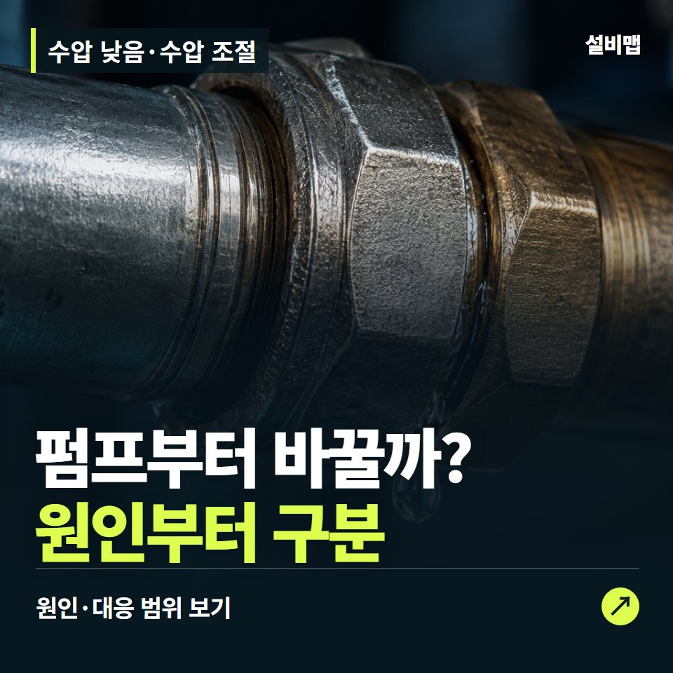 수압 낮음·수압 조절, 물이 약할 때, 펌프부터 바꾸기 전에 — 증상과 비용 안내 이미지