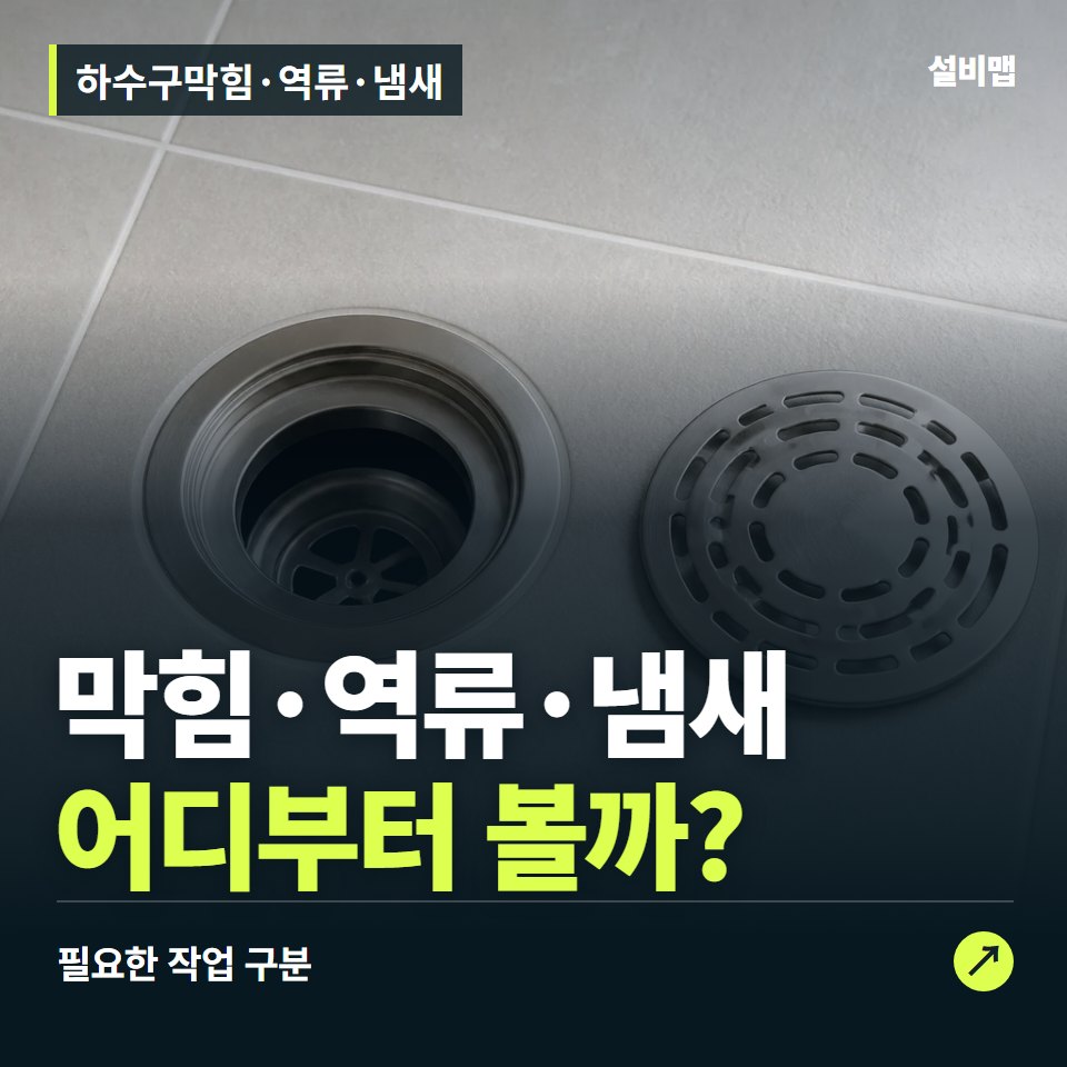 하수구막힘·역류·냄새, 뚫기·세척·교체, 필요한 작업이 다릅니다 — 증상과 비용 안내 이미지