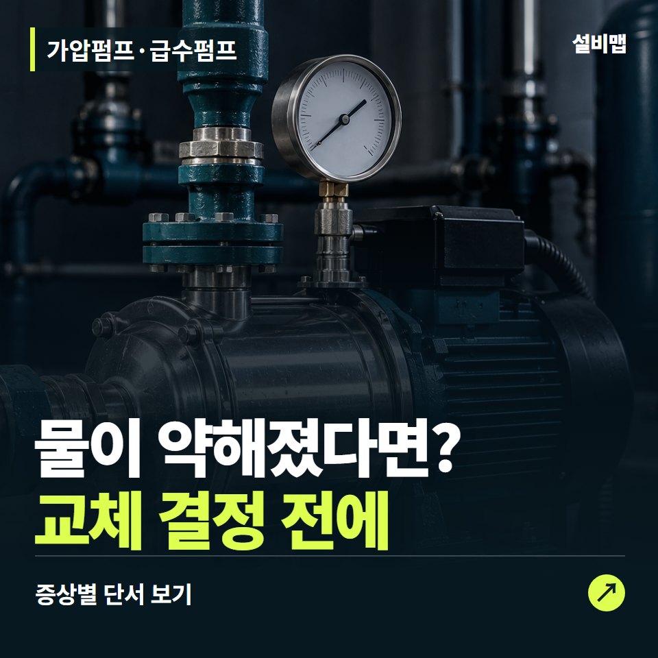 가압펌프·급수펌프, 물이 약하고 자꾸 켜진다면? 수리 전 볼 증상 — 증상과 비용 안내 이미지